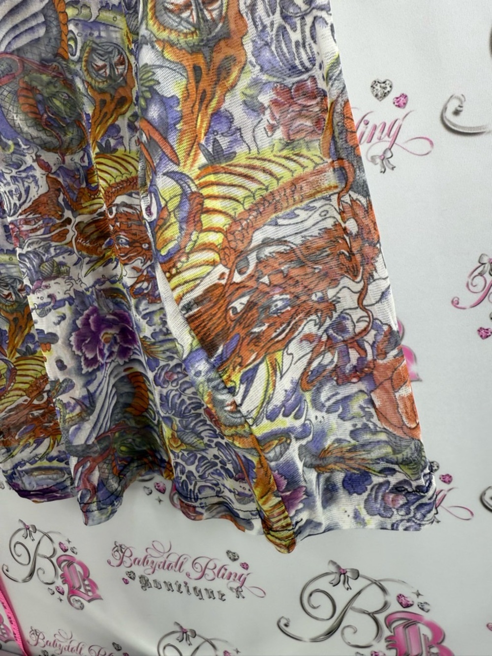 Long Sleeve mesh Floral & Dragon Print tattoo style Top - Purple, Orange, Green - Picture 6 of 12
